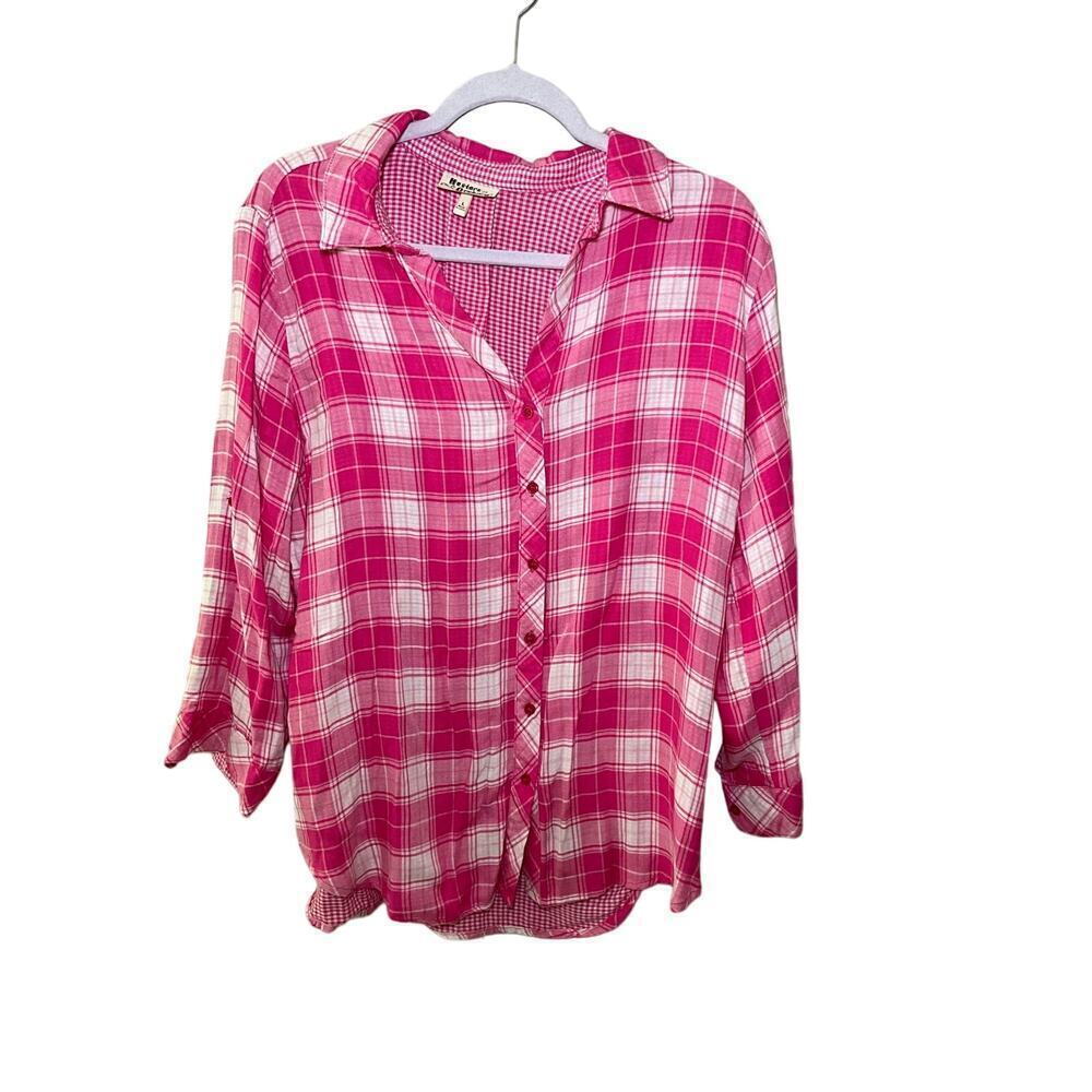 Hester & Orchard Button Up Shirt Womens L Pink Plaid Long Sleeve Cotton Collared